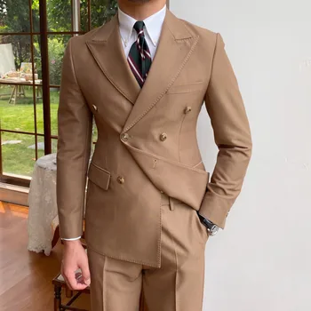 Slim Fit Biznesa Tuxedos Britu Dubultā Krūtīm Formālu Kleita, Uzvalks Vīri Melnā Smēķēšanas Homme Mariage Uzvalks Modes Līgavainis Vīriešu Uzvalks