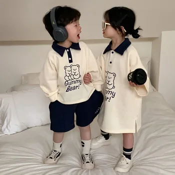 Brālis ar Māsu Drēbes 2023 Pavasara Jaunu korejiešu bērniņa Apģērbu Komplekts Džemperis +Īss Tērps Polo Atloks, Meitenei Kleita