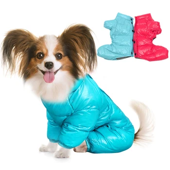 Ziemas Pet Suņu Apģērbu uz Leju Kokvilnas Polsterētām Ūdensizturīgs Suns Snowsuit Super Silts Kažoks Spīdīgs PU Mazo Suņu Kombinezoni Pet Apģērbi