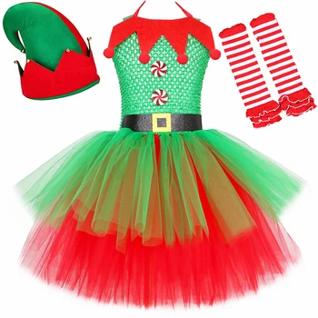 Meitenes Ziemassvētku Elf Kostīms Bērniem Iedomātā Ziemassvētku Apģērbu Komplekti, Zaļš Bērnu Ziemsvētki Puse Acs Tilla Tutu Kleita ar Cepuri, Zeķes