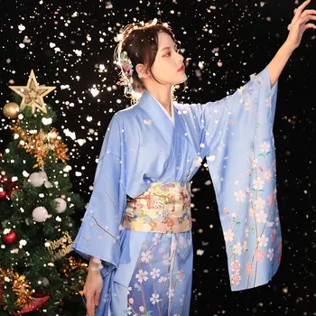 Cosplay Pavasara Harajuku Sieviešu Peldmētelis Japāņu Tradicionālo Kimono Retro Zilā Krāsā Iespiests Ziedu Prostitūtu Kimono