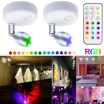 2Pack Bezvadu LED Prožektori RGB Tālvadības pults, Grozāms Akcentu Gaismas Akumulatora Barošanu Iekštelpu Ripa Gaismas Slēdzis Sienas Lampas