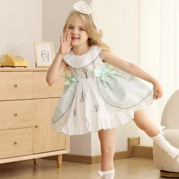 Lolita Baby Meitenes spānijas Princese Kleita Vasarā Bērniem Embrodery Ziedu Piedurknēm Bumbu Kleita Bowknot Bērnu Apģērbu Veikals