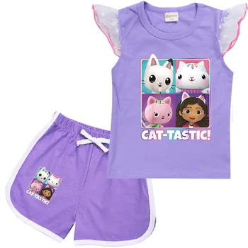 Bērnu Apģērbu Komplekti Bērniem Gabbys Namiņš Kostīmu Tracksuit Baby Meitenes Īsām Piedurknēm T-krekls+Bikses 2-pc Komplekti Zēniem Tērpiem