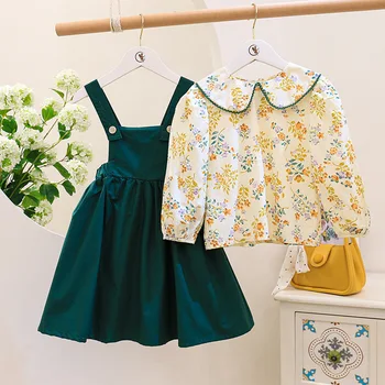 Pavasarī, Rudenī Jaunu Meiteņu Drēbes, Tērpi Modes Retro Stila Ziedu Garām Piedurknēm Top Krekls+Princess Siksna Kleita Divi-Gabals Komplekts Bērniem