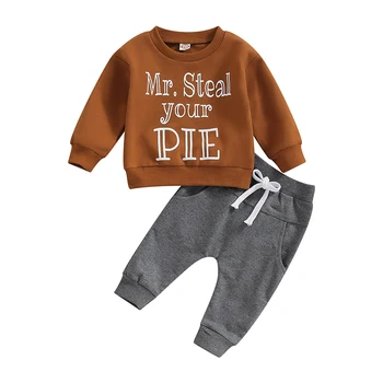 Toddler Zēni Rudenī Tērpiem Vēstuli Izdrukāt garām Piedurknēm Krekli un Cieto Krāsas Garās Bikses 2gab Apģērbu Komplekts