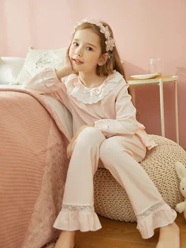 Mazulis Meitenes Lolita Izšūti Turndown Apkakles Pajama Komplekti.Vintage Toddler Bērnu Pidžamas komplekts Miega Loungewear.Bērnu Apģērbs
