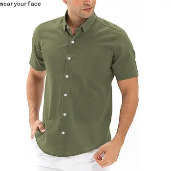 Zaļā Cietā Krāsas Krekli Iespiesti Havaju Grafikas Kleita Krekls Ar Pogām, Ar Īsām Piedurknēm, Plānās Streetwear Beach Ikdienas Vīriešu Apģērbs
