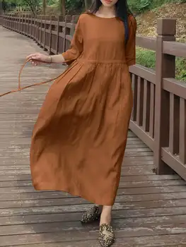 ZANZEA Gadījuma Pusi Piedurknēm Maxi Kleitu Modes Cietā Vestidos Sieviešu Svētku Ilgi Drēbes, Vintage Rudens 2023 Aukliņu Kleita starām.