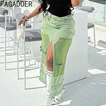 FAGADOER Zaļā Modes Streetwear Sievietes Augstu Starām. Pogu, Šķeltas Džinsa Vidū Svārki Rudens Gadījuma Sieviešu Raibs Kovboju Gruntis