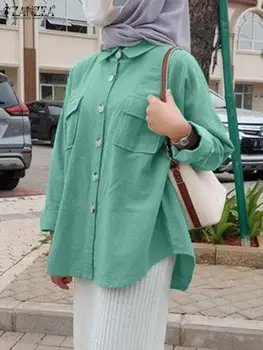 ZANZEA Rudens Sieviešu Topi Musulmaņu Modes garām Piedurknēm Blūze Atloks Kakla Cieto Ikdienas Krekls Sieviešu Zaudēt Blusas Islāma Apģērbi