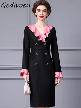 Gedivoen Rudens Modes Dizainers Black Vintage Hit Krāsu Kleita Sieviešu V Kakla Ruffles Pogu Augsta Vidukļa Slim-LINE Garās Kleitas