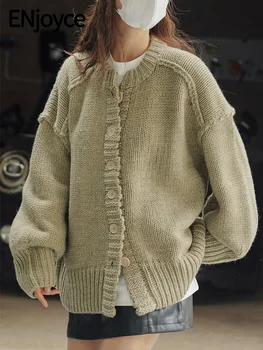 ENjoyce 2023 Ziemas Sieviešu Vintage Vienu Krūtīm, Vilnas Džemperi Adīts Mētelis Korejas Modes Jakas Zaudēt Trikotāža