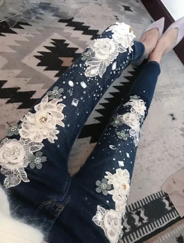 Luksusa Eiropas Modes Fāzēm Spīd Dimanta Elastīgās Zeķes Ziedu Džinsi Sievietēm High Street Džinsa Bikses Femme Pantalons