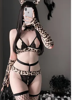 Jaunā Stila Bikini Komplekts Erotiska SM Sexy Sievietes Valkā V Kakla Backless Modes Mīksto Aizraušanās Leopard Crotchless Kārdinājumam Aizraušanās QH3E