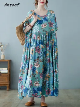 Anteef īsām piedurknēm lielajam kokvilnas vintage ziedu kleitas sievietēm gadījuma zaudēt garu vasaras kleitu elegants apģērbs 2023