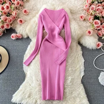 Trikotāžas Birojs V-veida kakla Krusta Slim Kleita korejas Apģērbs Elegants Cieta Piedurknēm Sexy Bodycon Drēbes, Džemperis Gadījuma Dāmas Vestidos