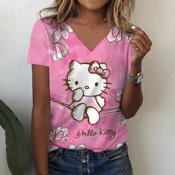 Jaunas Vasaras Top Sieviešu Vintage 3D Hello Kitty Multfilmas Druka T Kreklu Gadījuma Īsām Piedurknēm, V veida Kakla T Krekls Top Elpojošs XXS-5XL