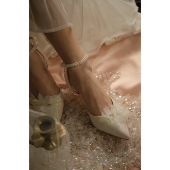 Sākotnējā norādīja kristāla ziedu sequined augstpapēžu kurpes baltā pērle līgavas kāzu kurpes banketa kleita zemiem papēžiem sandales sievietēm