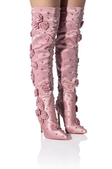 Saldo 3D Rozā Rožu Izpušķot Augšstilba Augstu Zābaki Sievietēm Metāla Kniedes Norādīja Toe Pār-the-ceļgala Zābaki Dāmas Zīda Augsti Papēži