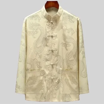 2023 Vasaras Ķīniešu Stilā Pūķis Modelis Tang Atbilstu Tai Chi KungFu Tradicionālo Vintage Krekls Topi Apģērbi vecāka Gadagājuma Vīriešiem