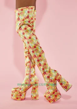 Lady ziedlapiņu krāsu drukas dizains chunky papēža garie zābaki virs ceļgala zābaki platforma puse kleita apavi vasaras zābaki, liela izmēra