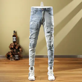 Modes korejas līmēšana retro gaismas krāsu high street universāls Ripped vīriešu džinsi plāksteris izšuvumi bikses personalizētu stila