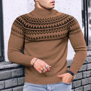 Slim Fit Augstu Uzrullētu Apkakli Džemperi, Vīriešu, Rudens, Ziemas Vintage Modelis Drukā Ar Garām Piedurknēm Džemperis Adīšanas Topi Vīriešu Modes Džemperis