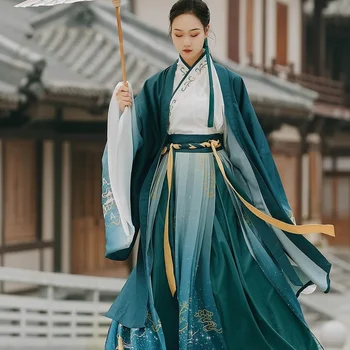 Slīpuma Zaļā Izšuvumi Sieviešu Hanfu Drēbes Tradicionālo Hanfu Uzstādīt Ķīniešu Kleita Karnevāla Kostīms
