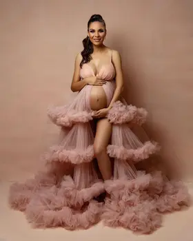 Krāšņi Rozā Maternitātes Tērpi Fotogrāfija Priekšā Sadalīt Grūtnieču Drēbes Sexy Daudzpakāpju Ruffles Babyshower Puse Kleitas