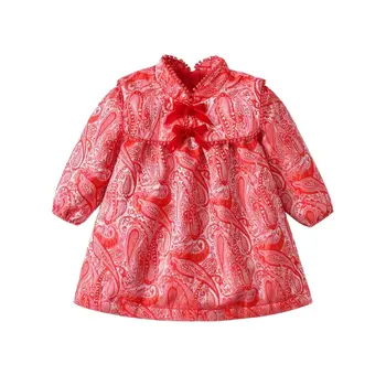 Hanfu Baby Meitenes Red Mandarin Apkakli, Garām Piedurknēm Shirred Kleitas Ķīniešu Tradicionālo Tērpu Pavasarī Jauno Gadu Tērpiem