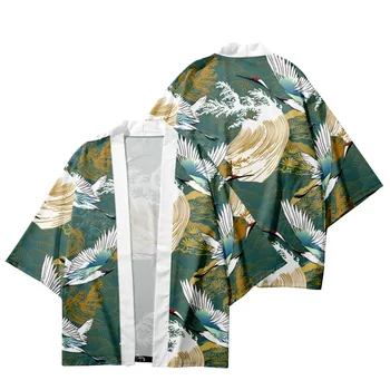 Tradicionālo Celtņu Vilnis Iespiests Zaļš Japāņu Kimono Pludmales Šorti Haori Jaciņa Cosplay Pāris Vīriešu Un Sieviešu Krekls Yukata