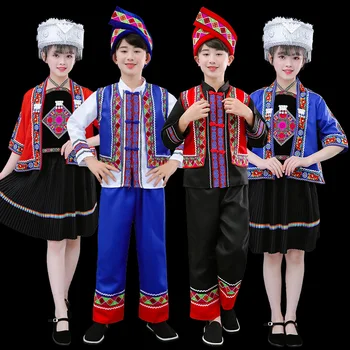 Jaunu Miao Bērnu Apģērbu Guizhou Yunnan Meitenes un Zēni Deju Kostīmu 61 Mazākumtautību Darbības Piederumi