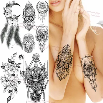 Ģeometrisko Henna Tauriņš Rožu Pagaidu Tetovējumiem Sievietēm Pieaugušo Spalvu Lotus Viltus Peonija Tattoo, Body Art Pusi Piedurknēm Tatoos